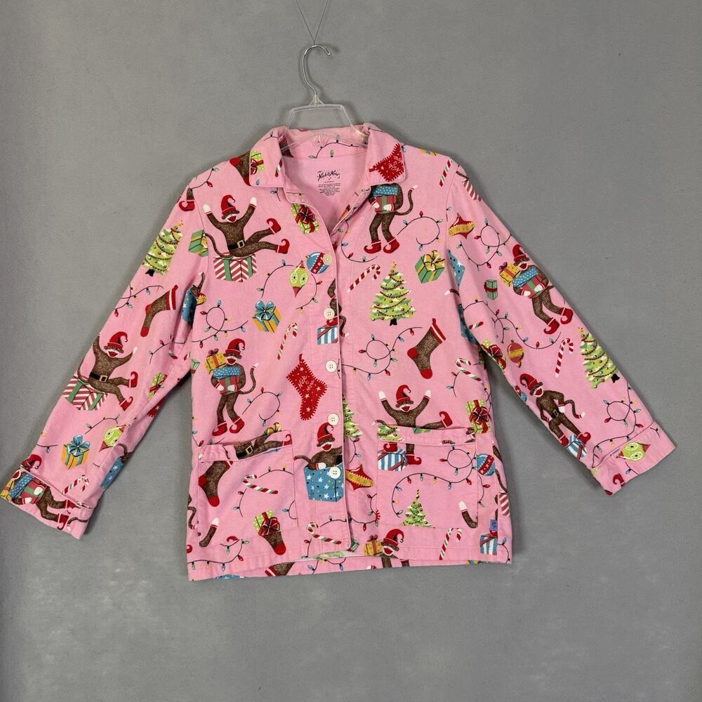 Nick & Nora Pajama Top Women Sz Small Flannel Sock Monkey Christmas Cozy Warm